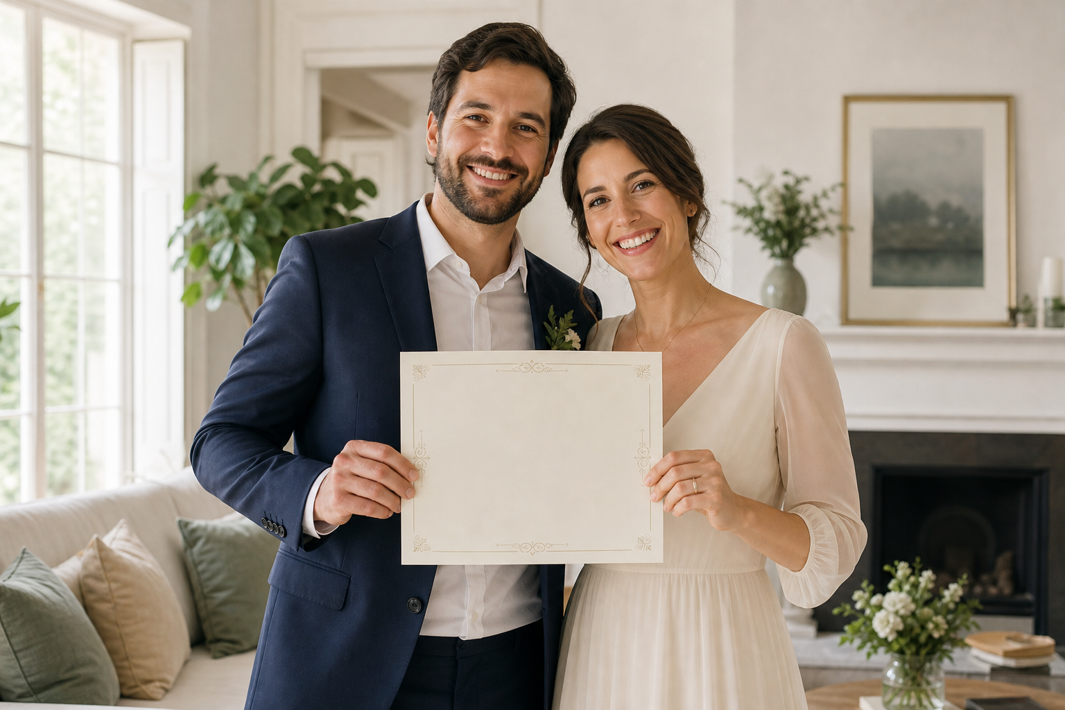 Newlyweds holding a decorative certificate after their ceremony