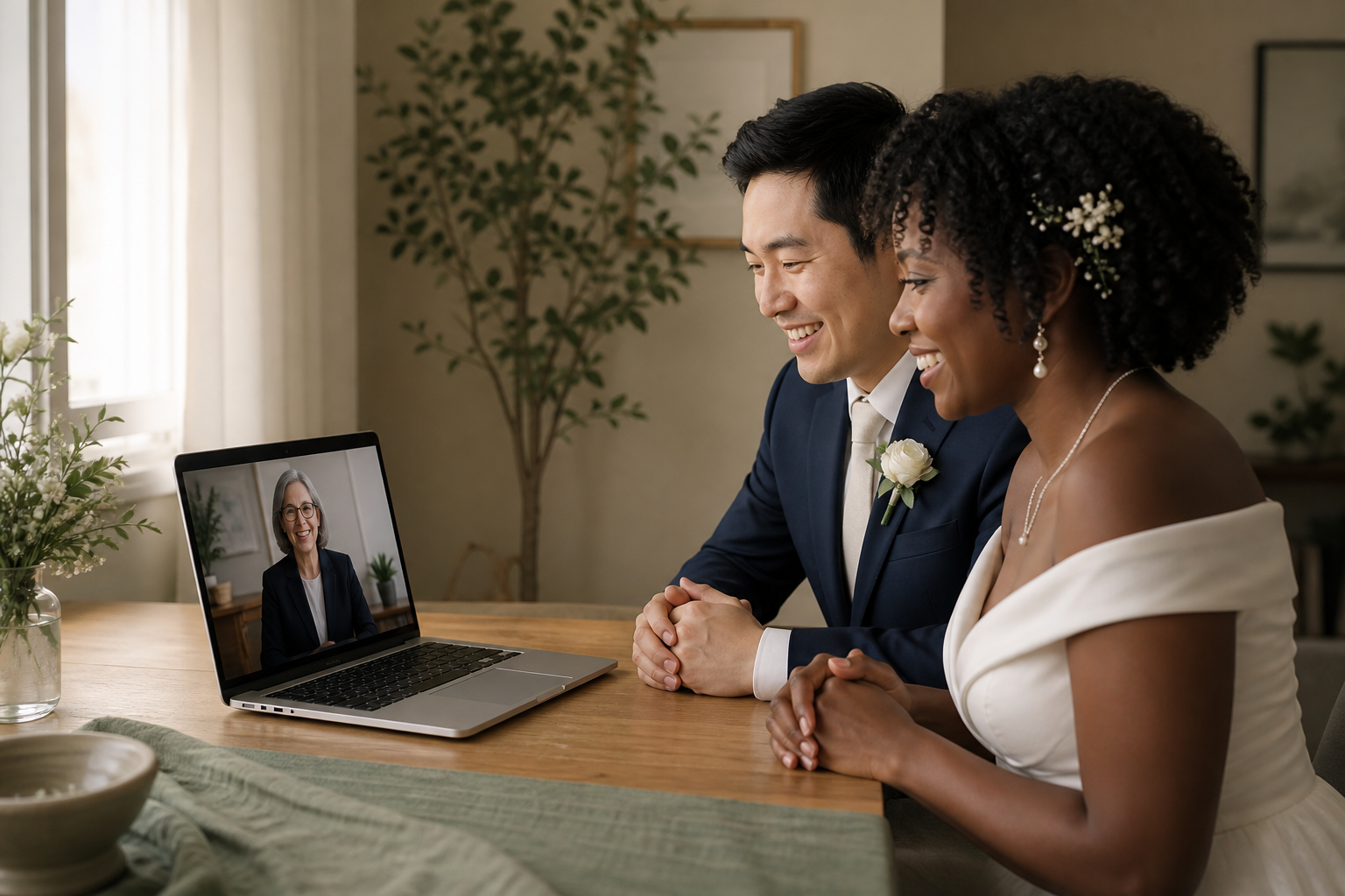 Couple attending an online wedding ceremony with an officiant on a laptop