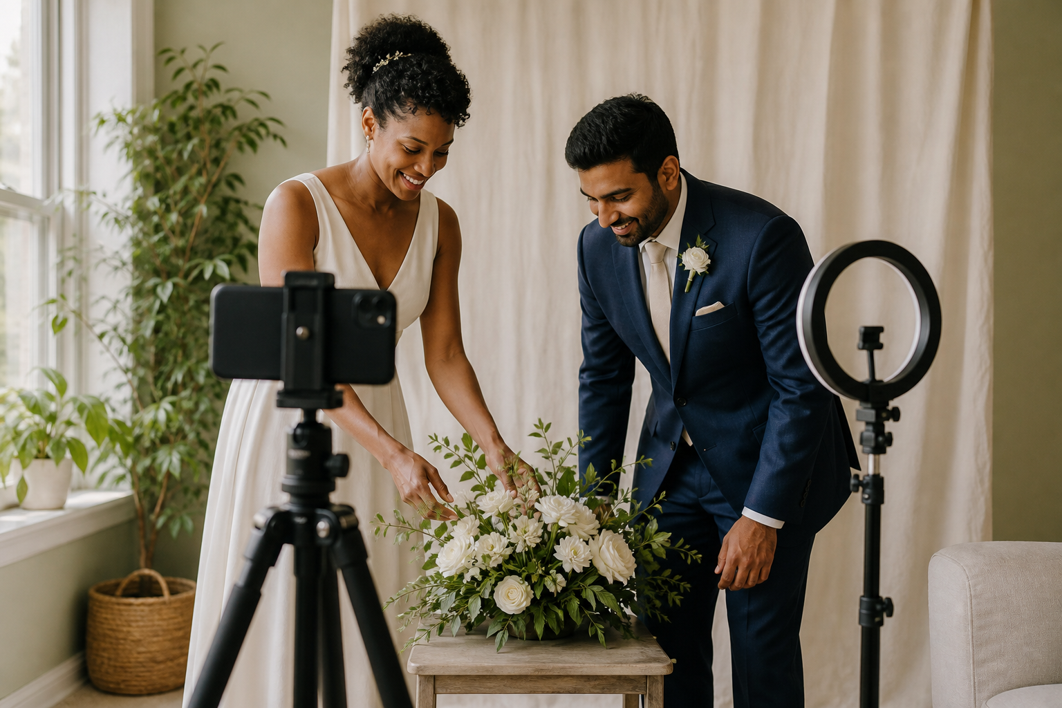 Couple preparing a home wedding corner with flowers, a backdrop, phone tripod and light