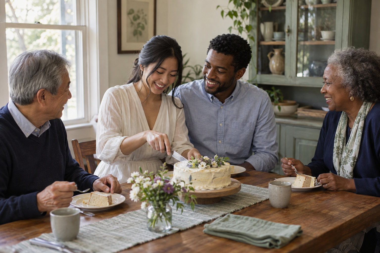 Small family gathering around a homemade cake and flowers after a wedding