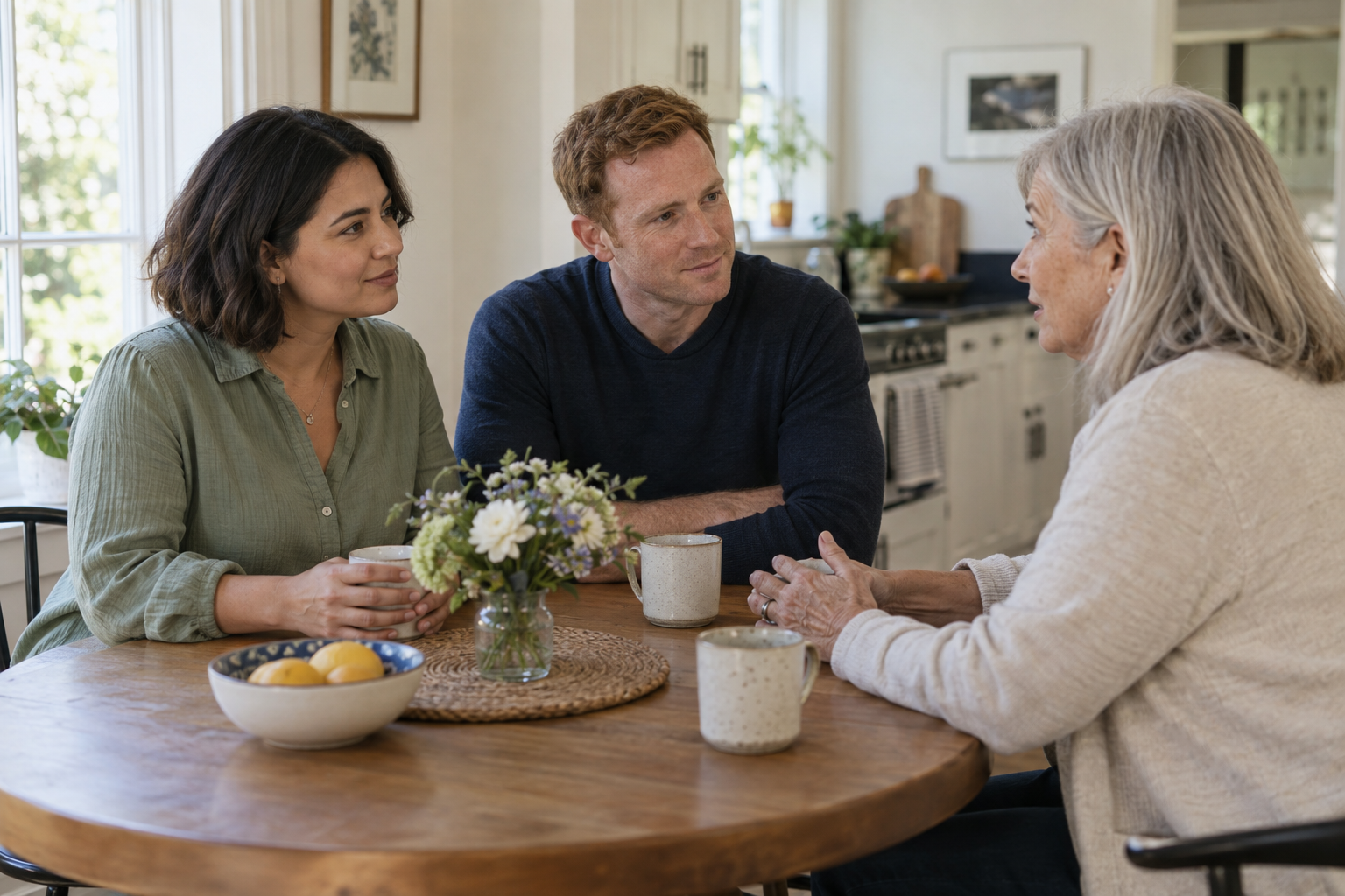 Couple having a relaxed conversation with an older family member at home
