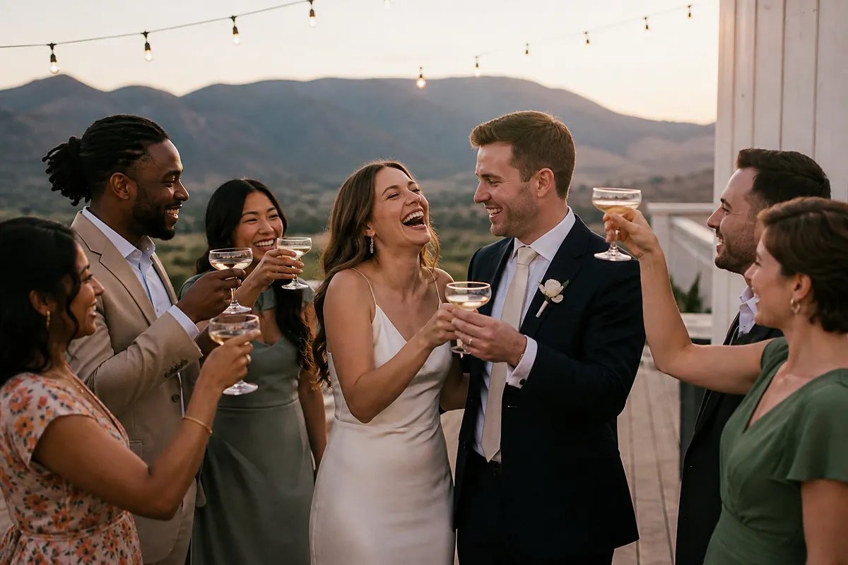 A bride and groom celebrating their marriage with loved ones at sunset