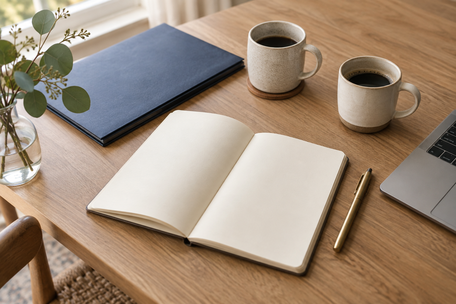 Blank planning notebook, pen, document folder and two cups of coffee beside a laptop