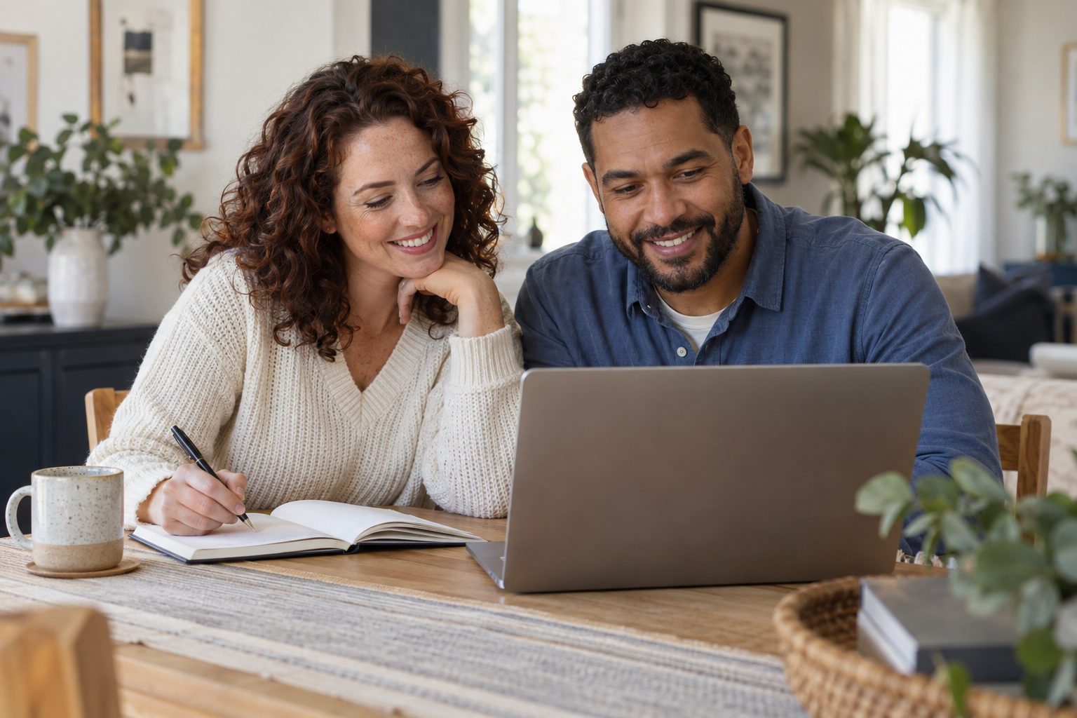 Couple planning their online wedding with a notebook and laptop at home